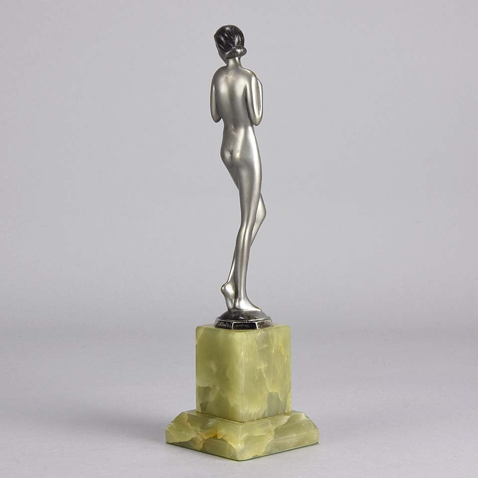 Shy Maiden an Antique Bronze Figure by Josef Adolph depicting a naked beauty in a revealing pose with very fine colour and excellent detail, raised on an onyx base
