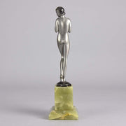 Shy Maiden an Antique Bronze Figure by Josef Adolph depicting a naked beauty in a revealing pose with very fine colour and excellent detail, raised on an onyx base