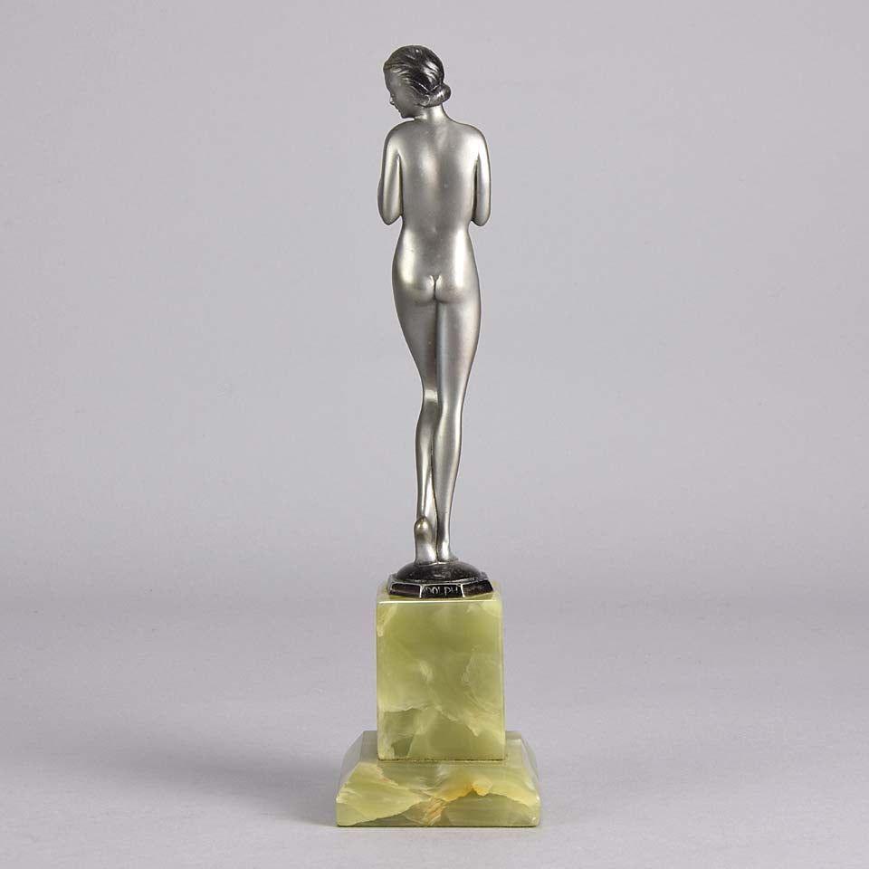 Shy Maiden an Antique Bronze Figure by Josef Adolph depicting a naked beauty in a revealing pose with very fine colour and excellent detail, raised on an onyx base