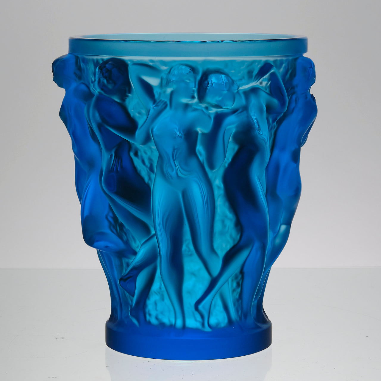 Bacchantes Vase by Lalique Glass an impressive limited edition royal blue glass vase decorated with naked dancing bacchantes in various poses and pairings