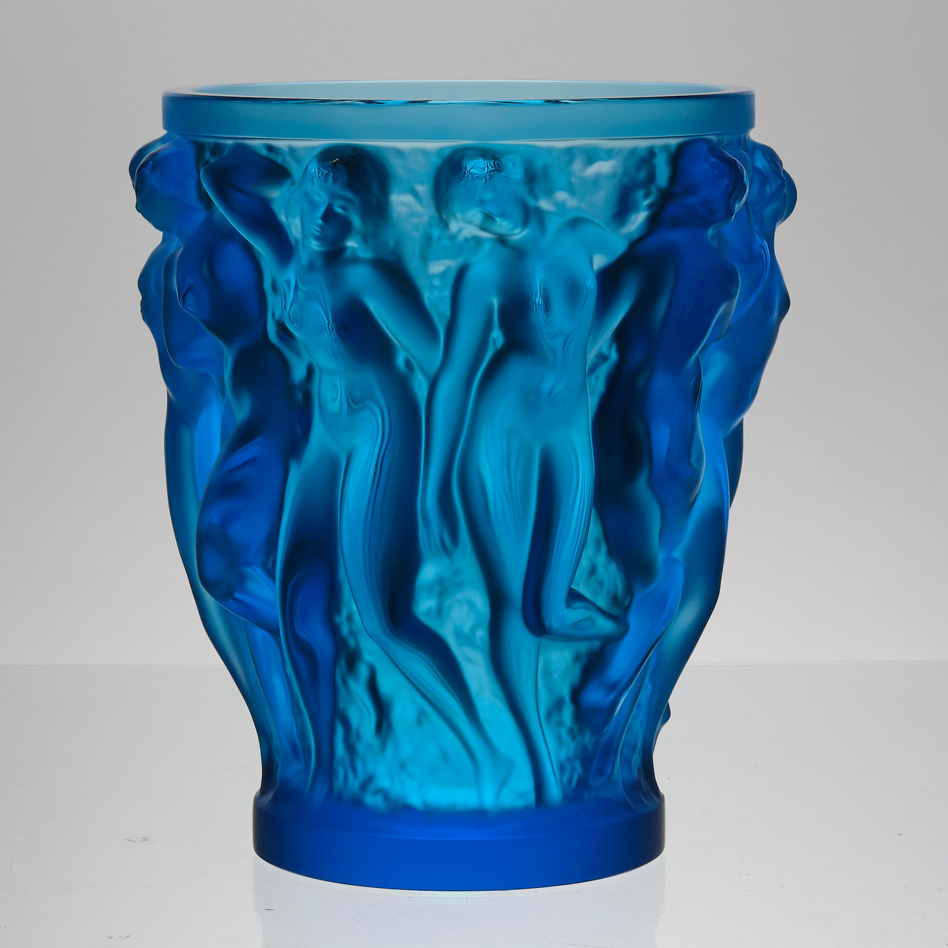 Bacchantes Vase by Lalique Glass an impressive limited edition royal blue glass vase decorated with naked dancing bacchantes in various poses and pairings