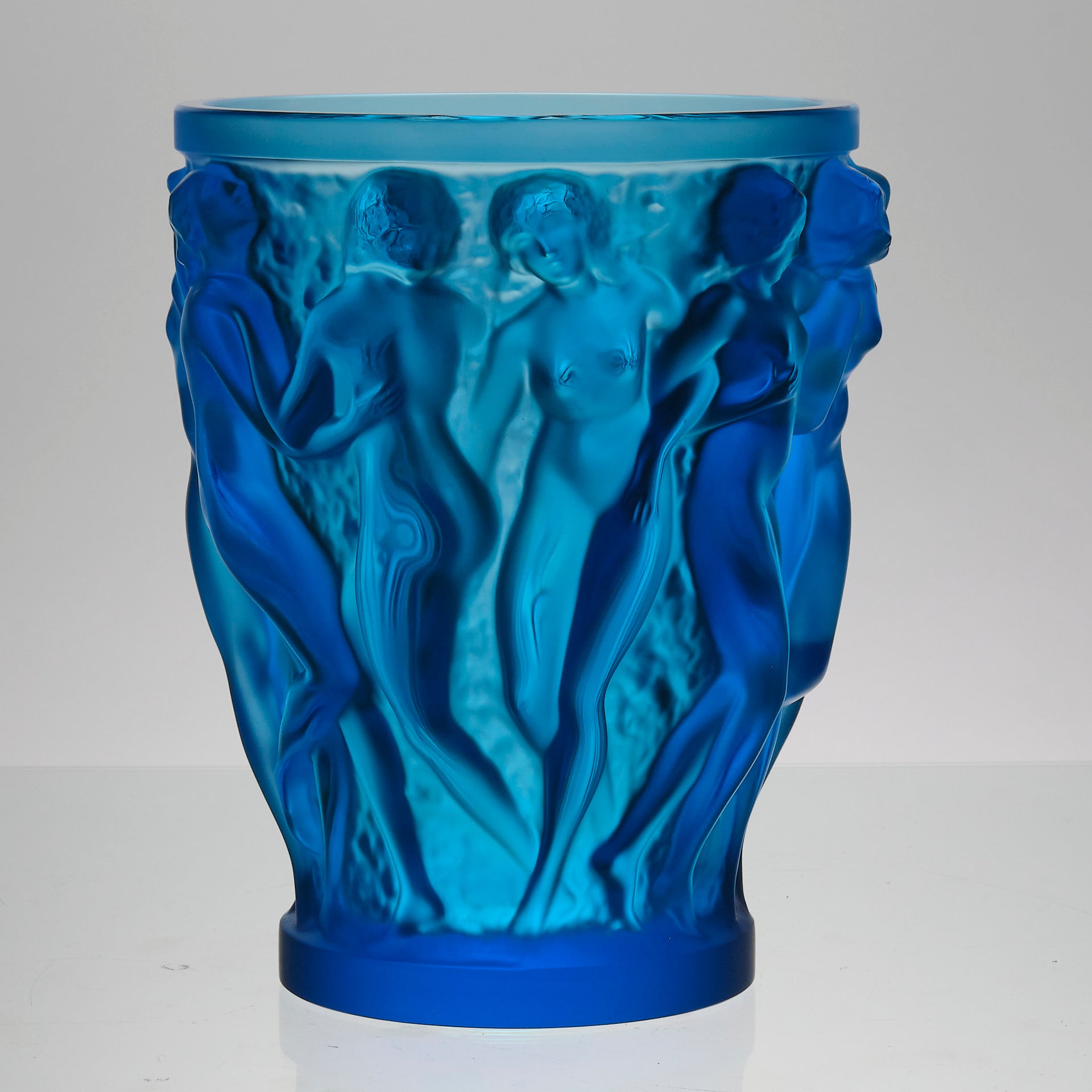 Bacchantes Vase by Lalique Glass an impressive limited edition royal blue glass vase decorated with naked dancing bacchantes in various poses and pairings