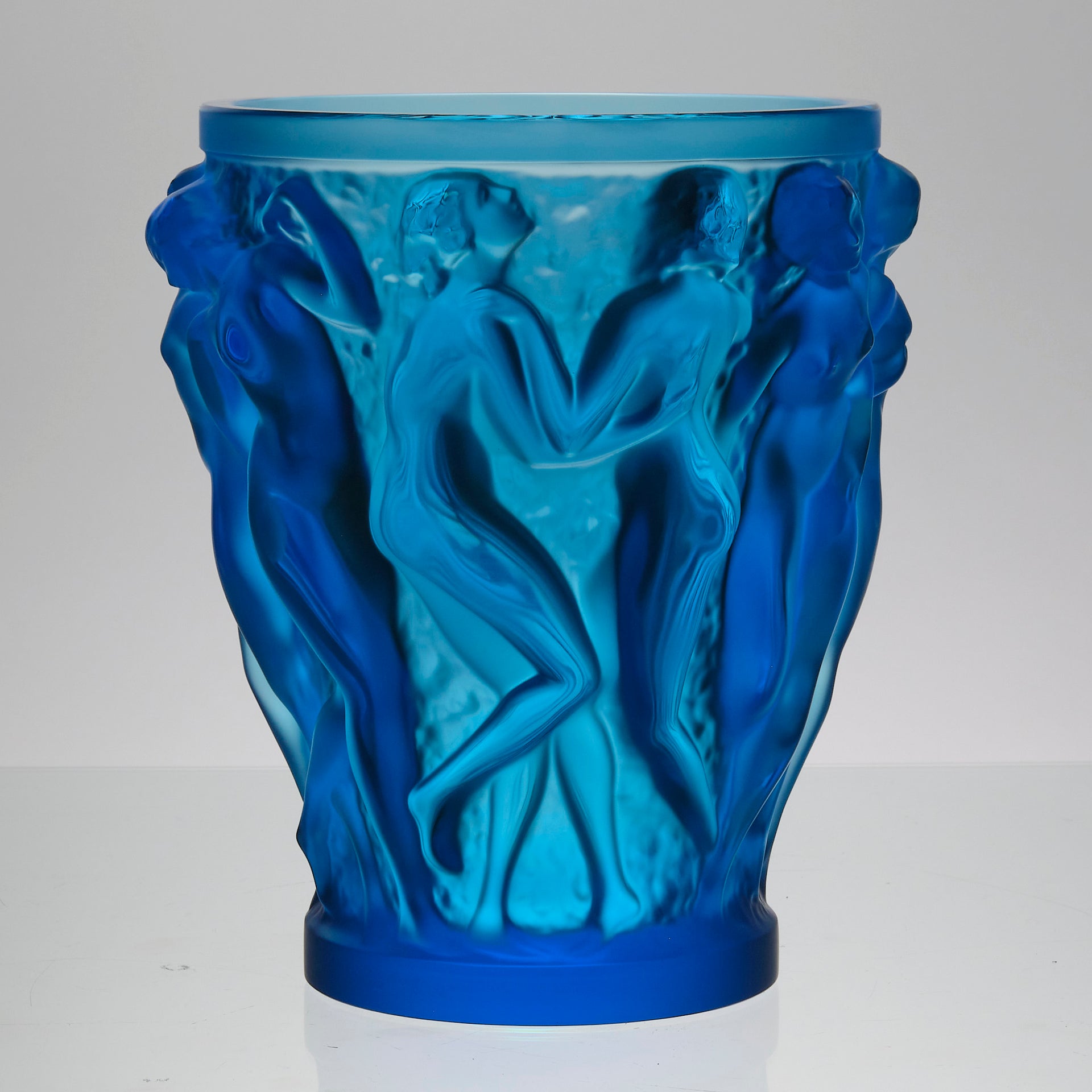 Bacchantes Vase by Lalique Glass an impressive limited edition royal blue glass vase decorated with naked dancing bacchantes in various poses and pairings