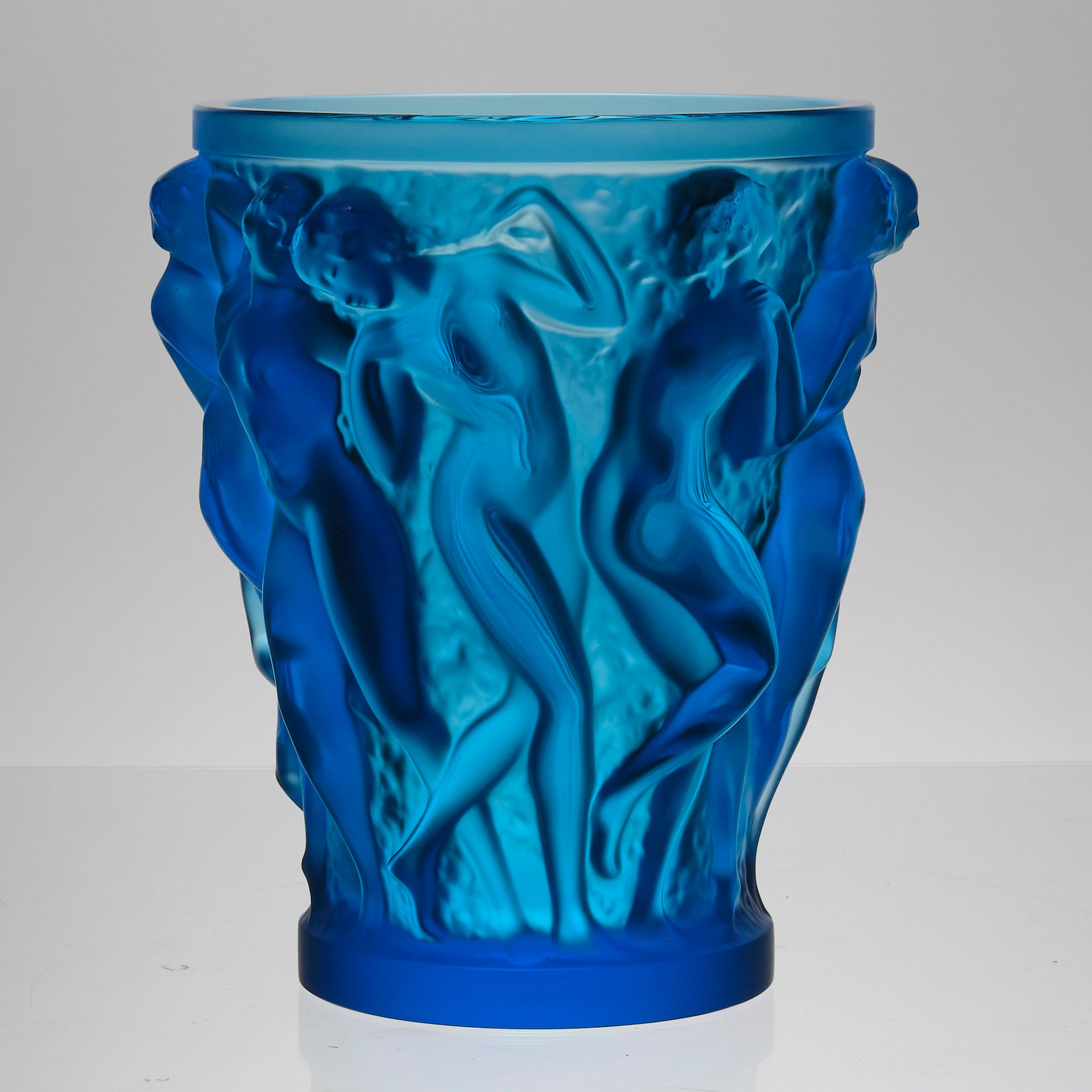 Bacchantes Vase by Lalique Glass an impressive limited edition royal blue glass vase decorated with naked dancing bacchantes in various poses and pairings