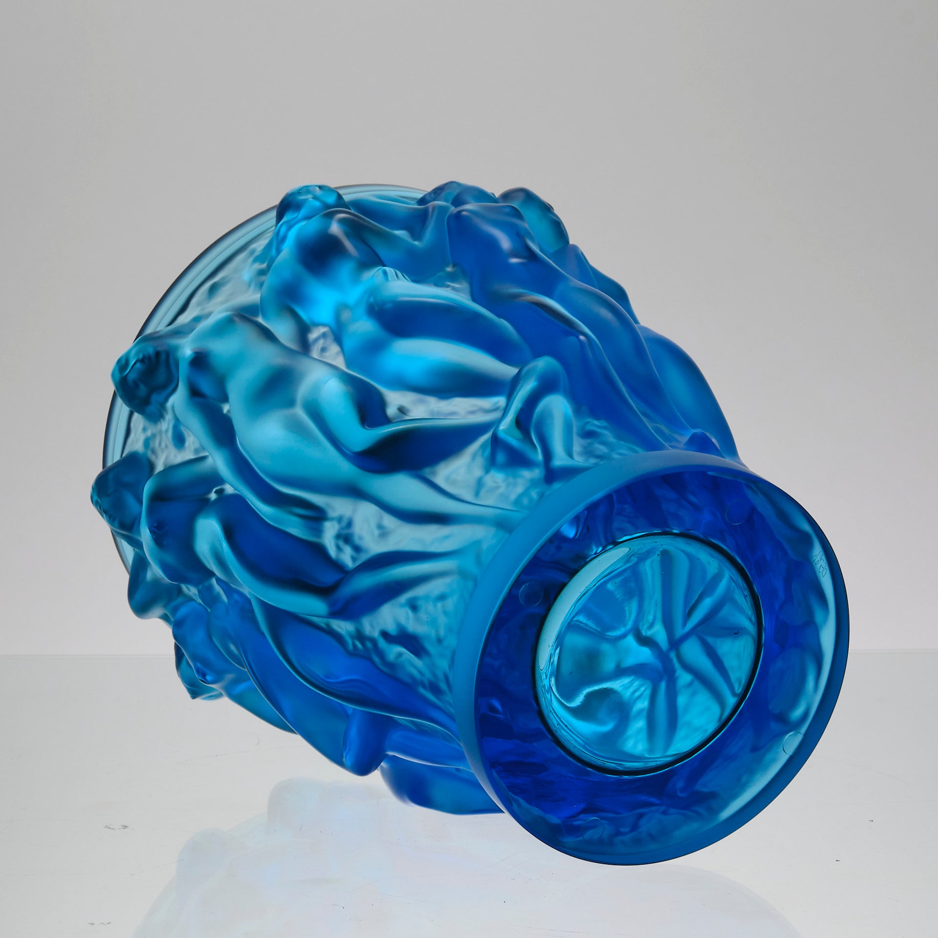 Bacchantes Vase by Lalique Glass an impressive limited edition royal blue glass vase decorated with naked dancing bacchantes in various poses and pairings