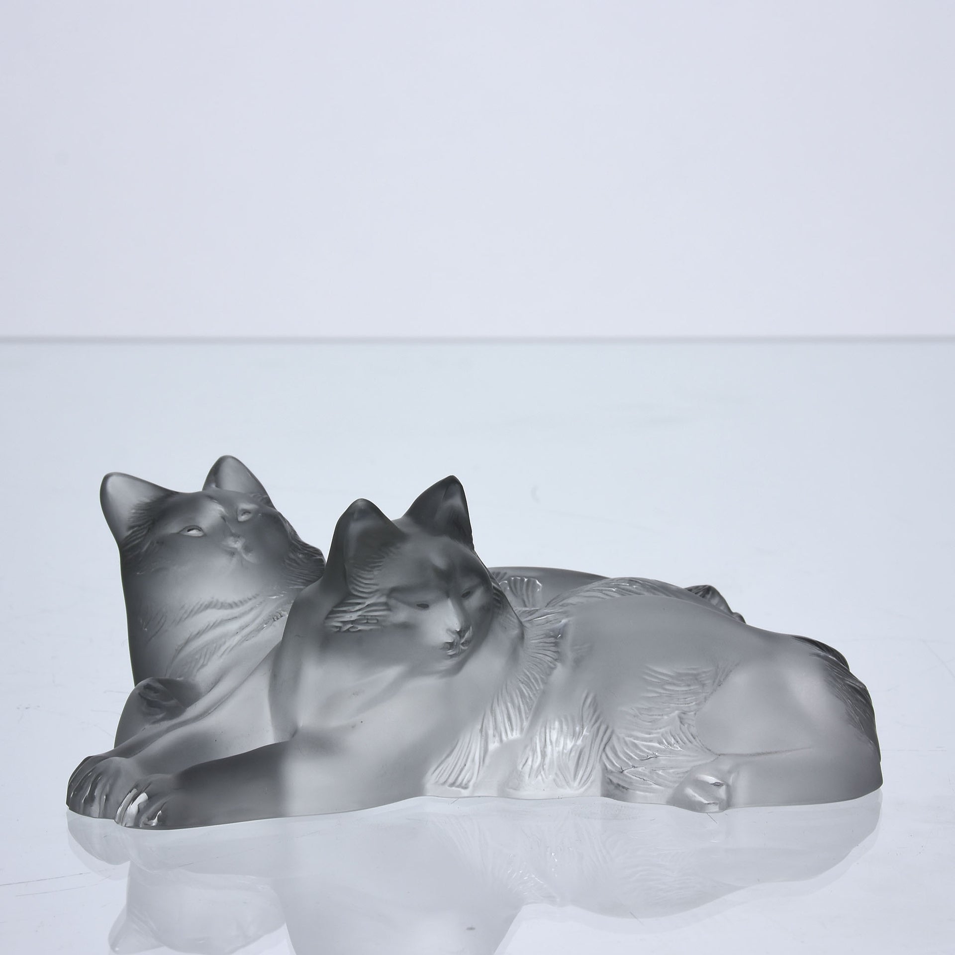 Reclining Cats by Marc Lalique A delightful frosted crystal glass group of two reclining cats resting