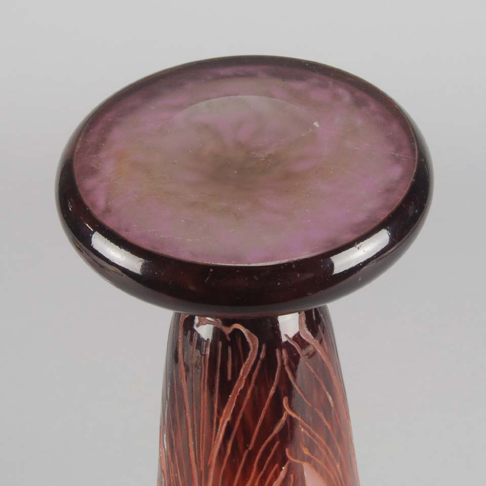 Digitale Vase by Le Verre Francais a striking cameo glass vase decorated with a red and maroon Art Deco design of digitalis flowers against a light pink field