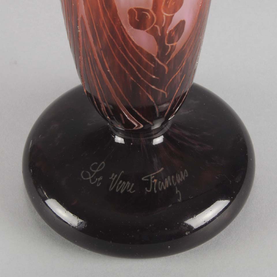 Digitale Vase by Le Verre Francais a striking cameo glass vase decorated with a red and maroon Art Deco design of digitalis flowers against a light pink field