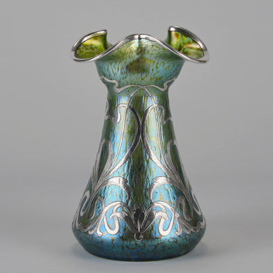 Silvered Papillon Vase by Loetz Witwe Art Nouveau tourquoise papillon glass vase, decorated with an applied silver floral organic pattern that wraps around the circumference of the body