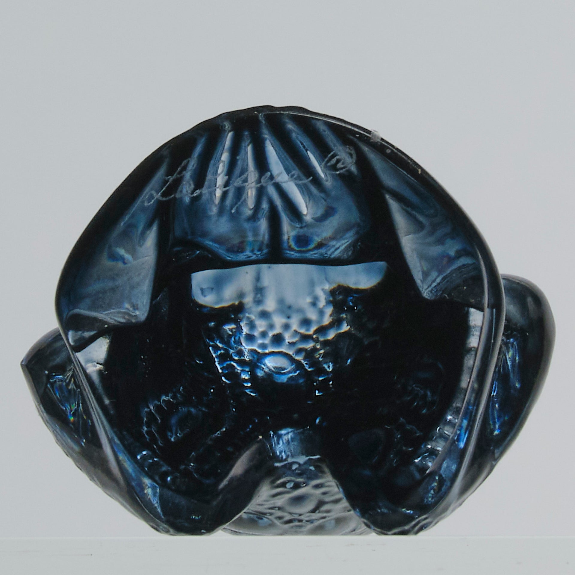 La Grenouille Bleu by Marc Lalique a charming mid 20th Century dark blue polished glass study of a seated frog with a charming look upon its face