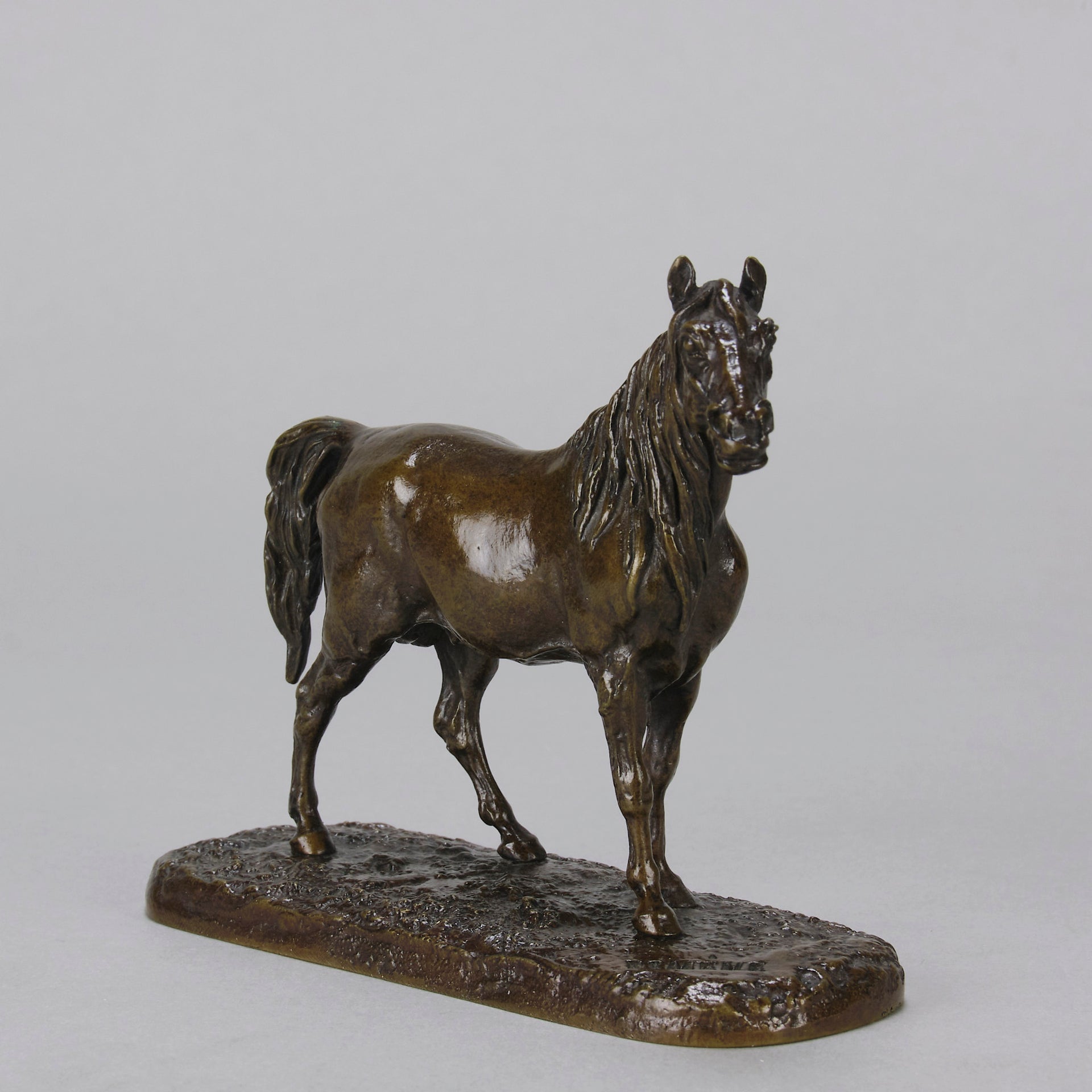 Cheval Arabe - Ibrahim No.3 Antique Bronze statue of 'Ibrahim' an Arab Stallion by Pierre-Jules Mêne standing with wonderful rich brown colour lightly rubbed to a golden hue hand finished with intricate surface detail standing on a naturalistic rectangular base