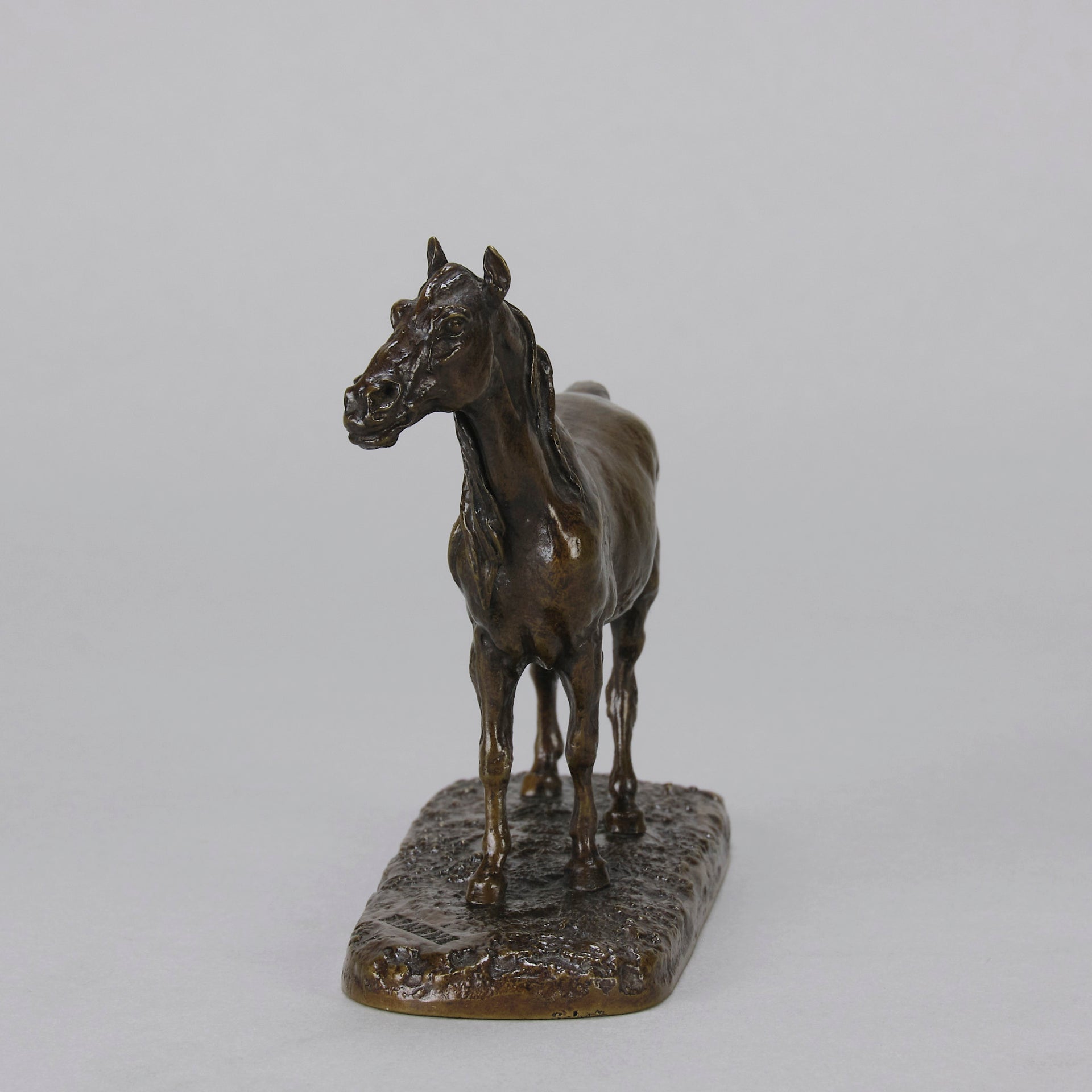 Cheval Arabe - Ibrahim No.3 Antique Bronze statue of 'Ibrahim' an Arab Stallion by Pierre-Jules Mêne standing with wonderful rich brown colour lightly rubbed to a golden hue hand finished with intricate surface detail standing on a naturalistic rectangular base
