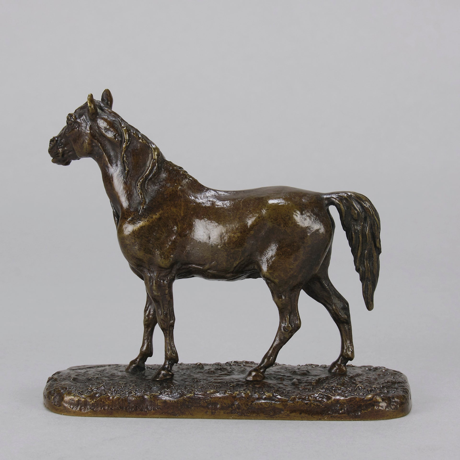 Cheval Arabe - Ibrahim No.3 Antique Bronze statue of 'Ibrahim' an Arab Stallion by Pierre-Jules Mêne standing with wonderful rich brown colour lightly rubbed to a golden hue hand finished with intricate surface detail standing on a naturalistic rectangular base