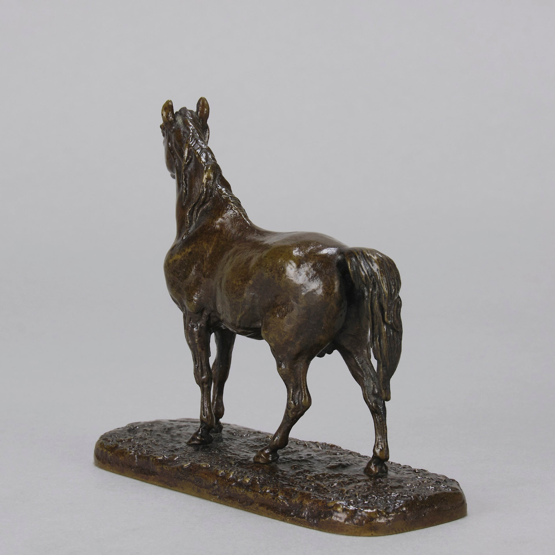 Cheval Arabe - Ibrahim No.3 Antique Bronze statue of 'Ibrahim' an Arab Stallion by Pierre-Jules Mêne standing with wonderful rich brown colour lightly rubbed to a golden hue hand finished with intricate surface detail standing on a naturalistic rectangular base