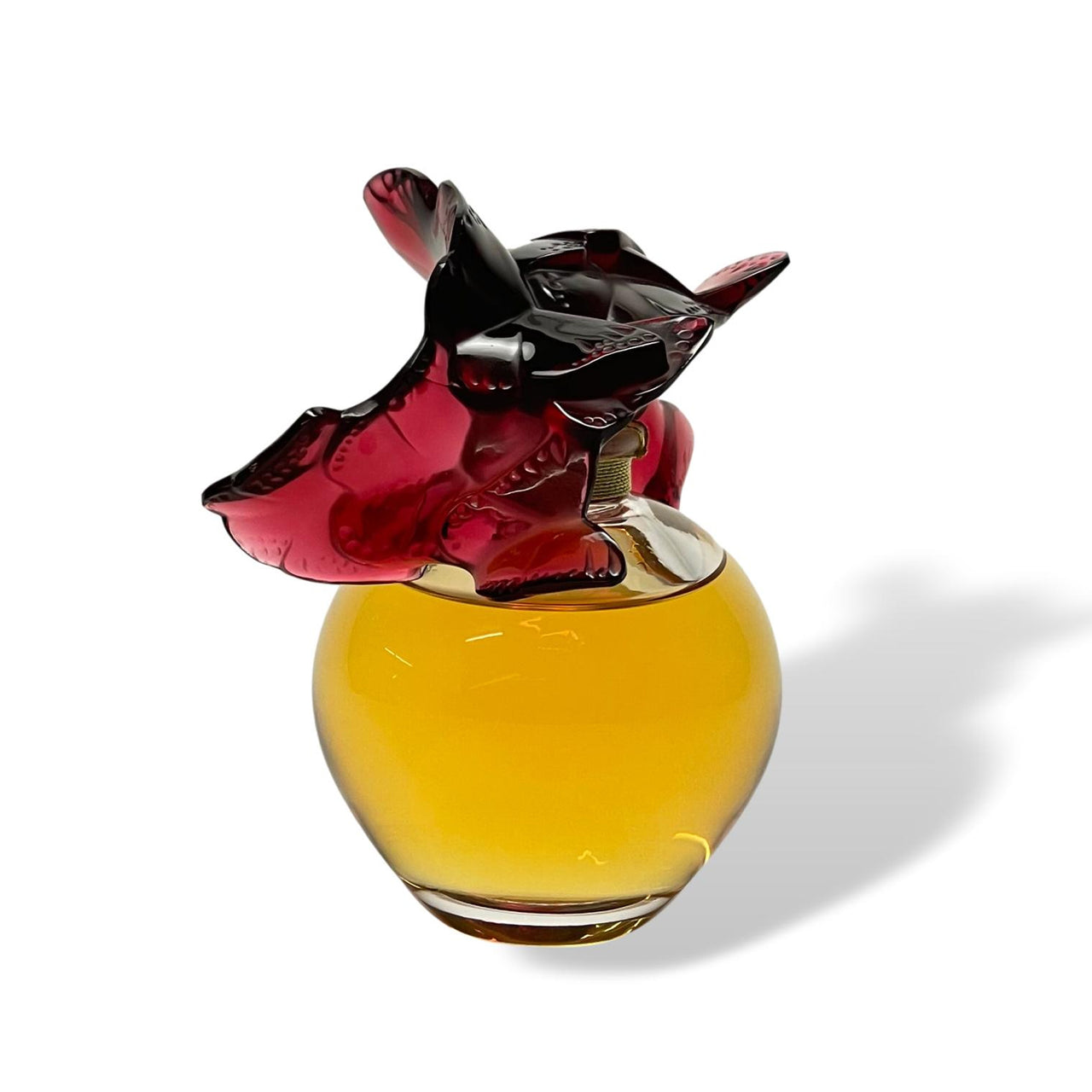 Envol Perfume Bottle by Marie Claude Lalique A stunning limited edition clear and coloured glass scent bottle, the clear glass body containing the original Lalique perfume complete with a deep red glass stopper in the form of entwined butterflies - Hickmet Fine Arts