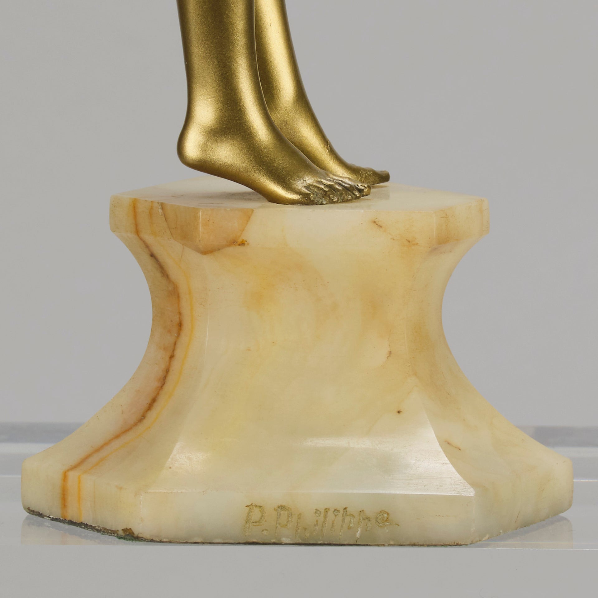 Art Deco Sculpture Le Reveil by Paul Philippe painted gilt and enamel bronze a attractive young woman as she stretches in the morning, raised on a shaped marble base