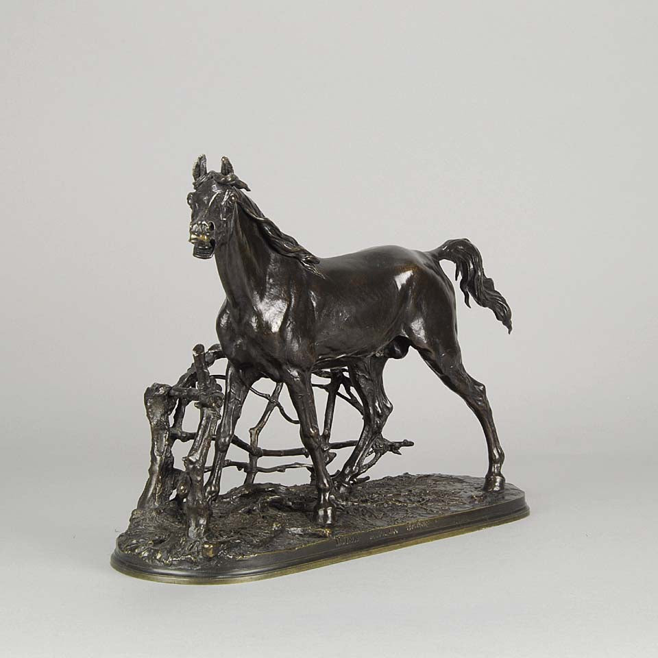 Djinn - Etalon Barbe by Antoine louis barye an antique bronze study of a stallion standing behind a post and rail fence