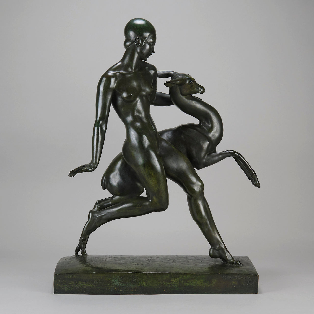 Art Deco Sculpture - Nymph & Deer by Pierre Traverse - Hickmet Fine Arts 