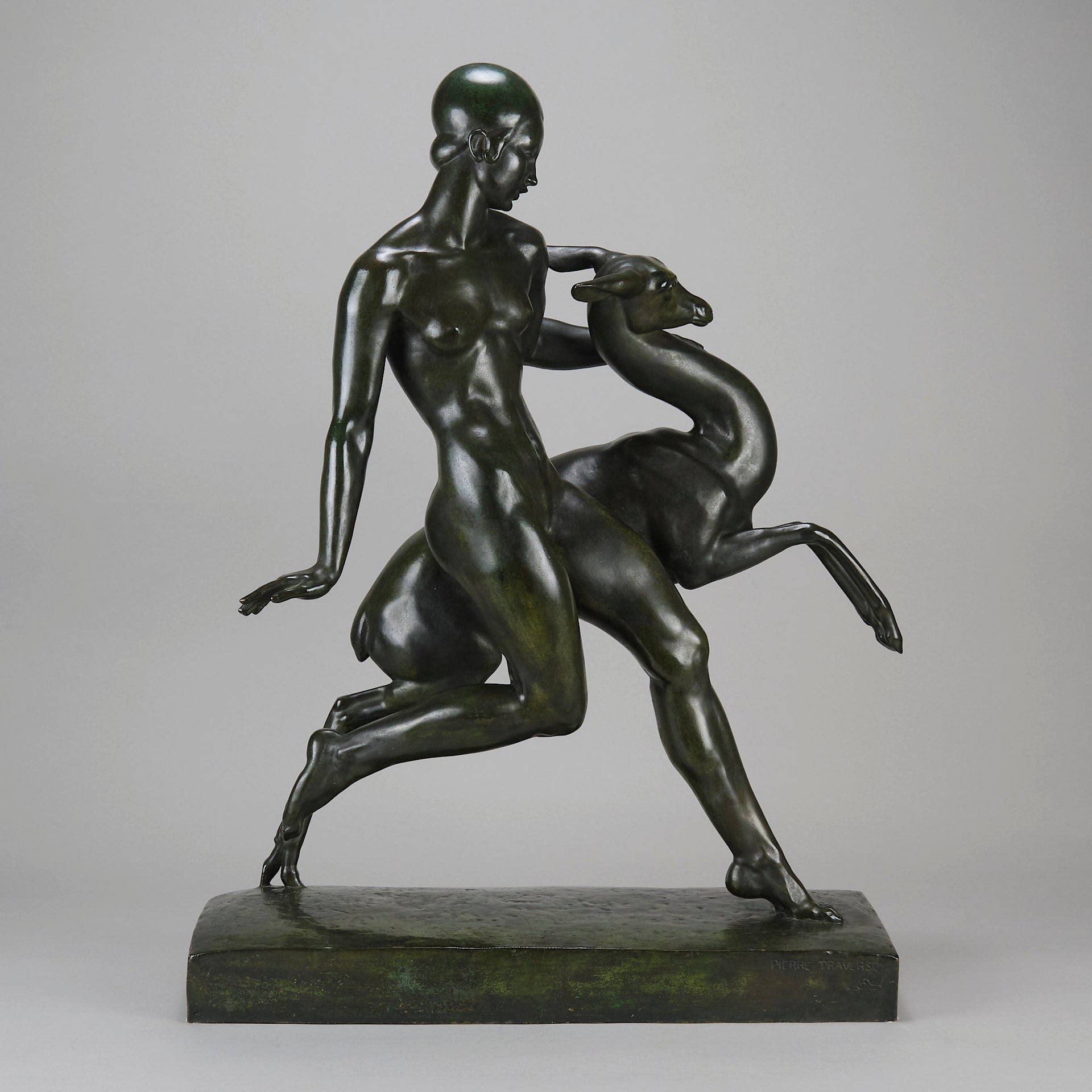 Art Deco Sculpture - Nymph & Deer by Pierre Traverse - Hickmet Fine Arts 