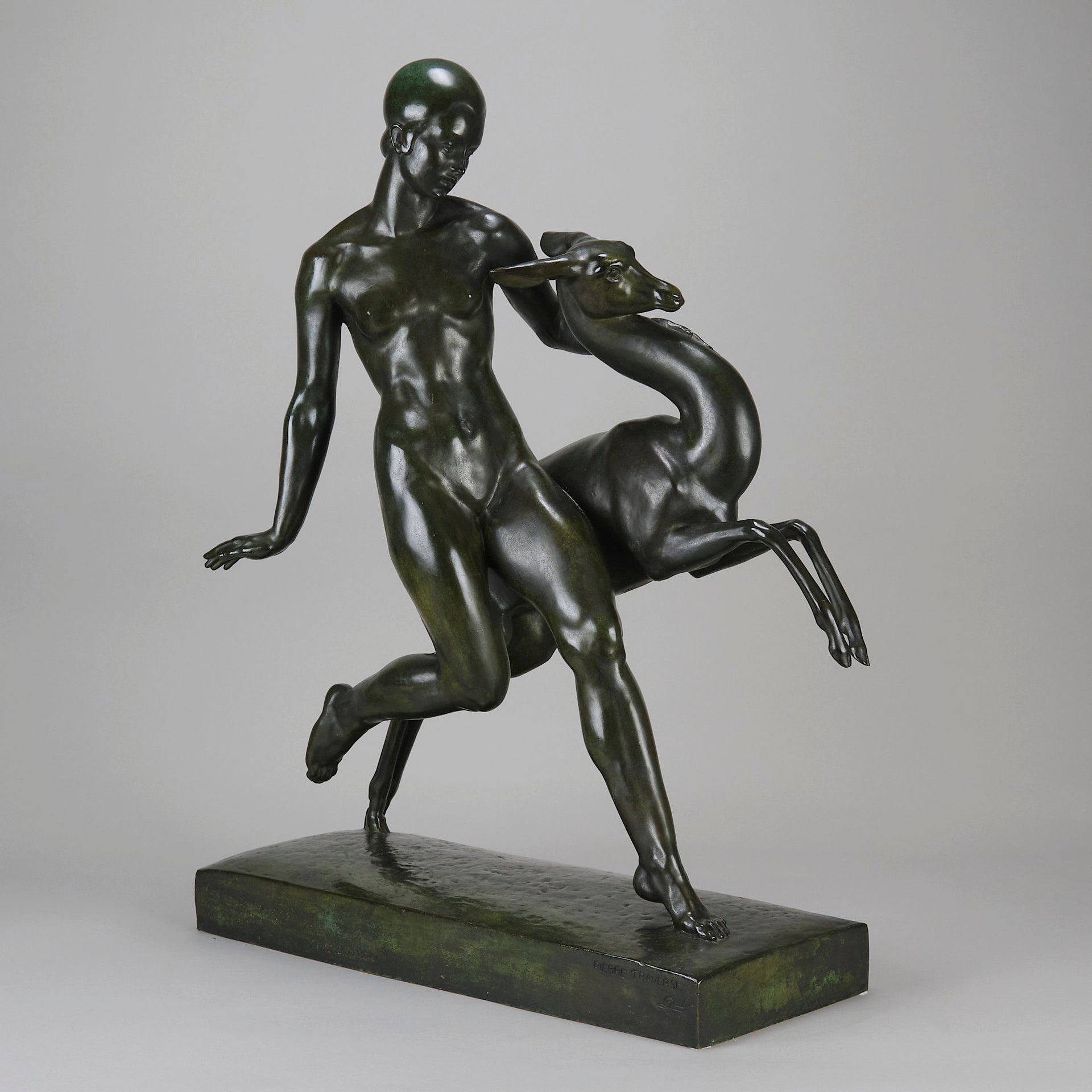 Art Deco Sculpture - Nymph & Deer by Pierre Traverse - Hickmet Fine Arts 