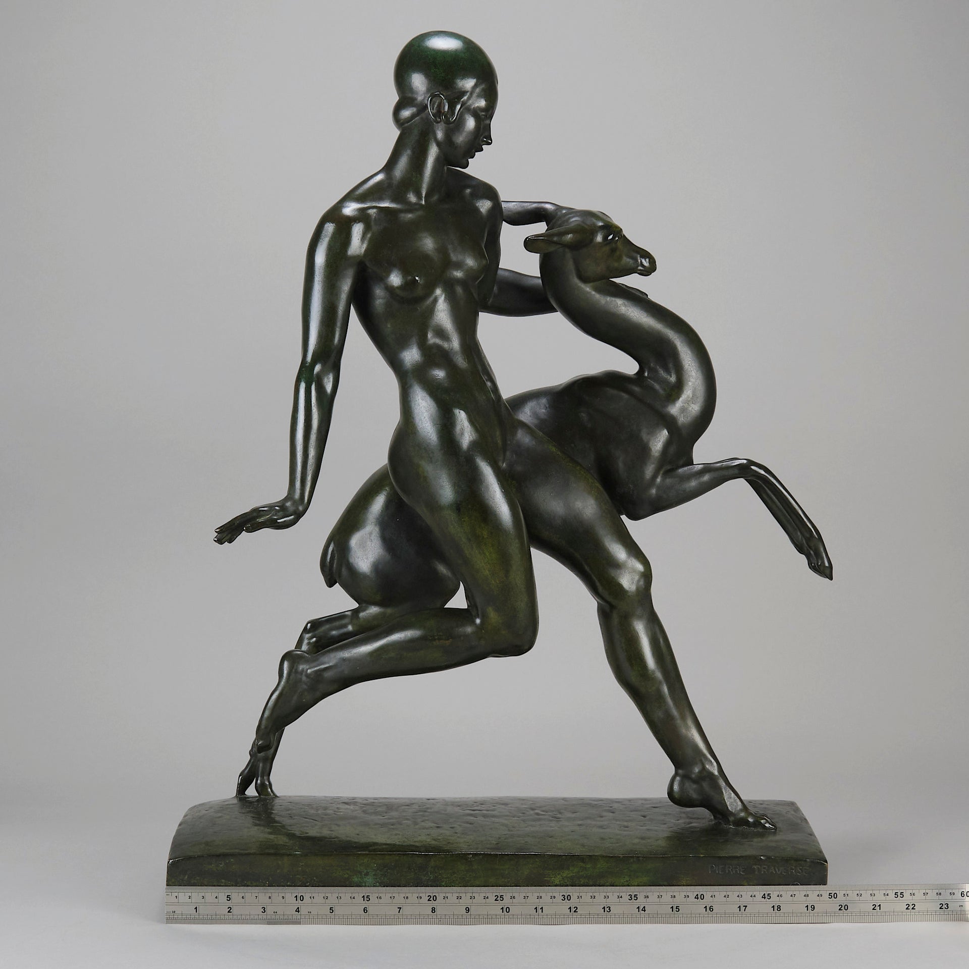 Art Deco Sculpture - Nymph & Deer by Pierre Traverse - Hickmet Fine Arts 