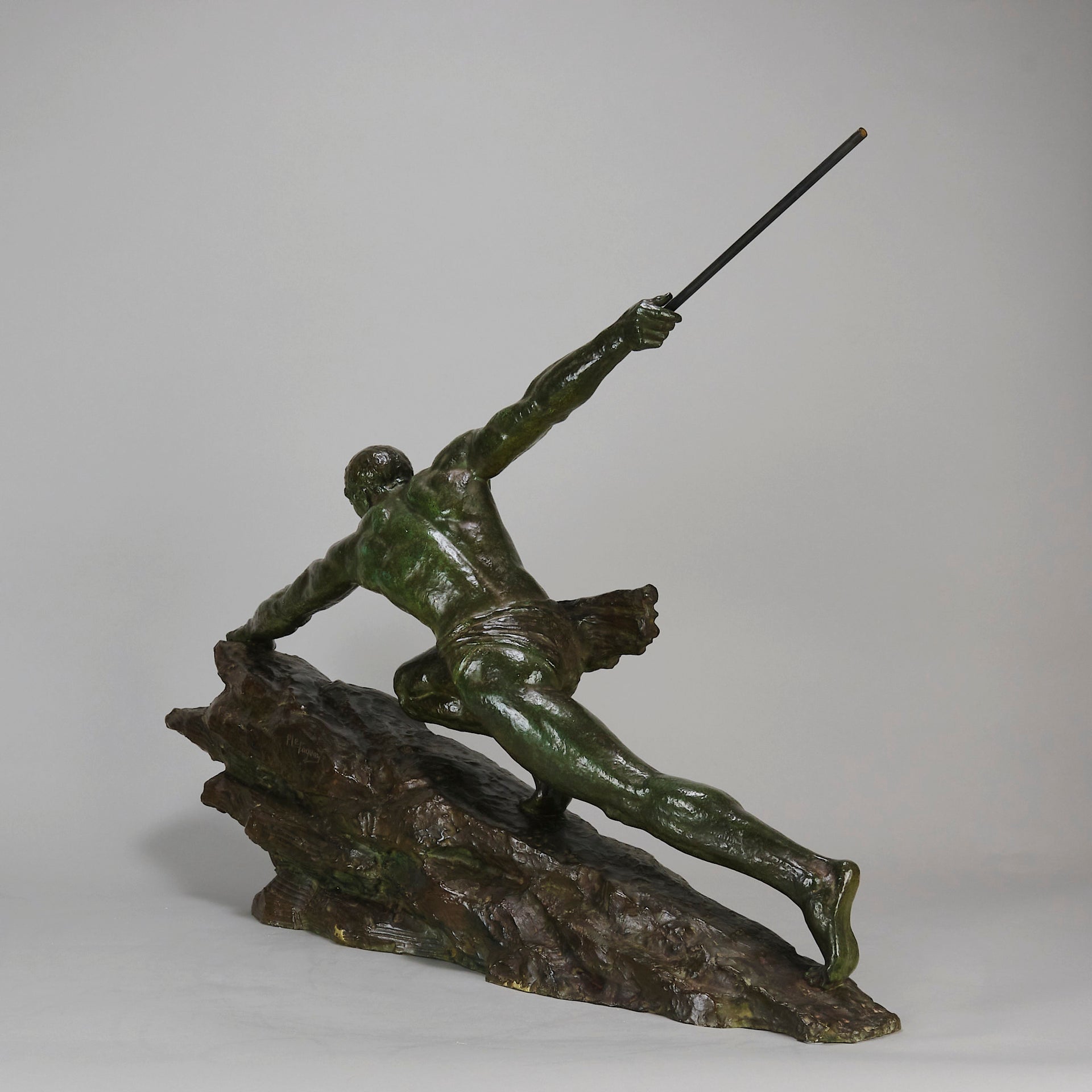 Man & Spear by Pierre Le Faguays - Art Deco Bronze - Hickmet Fine Arts