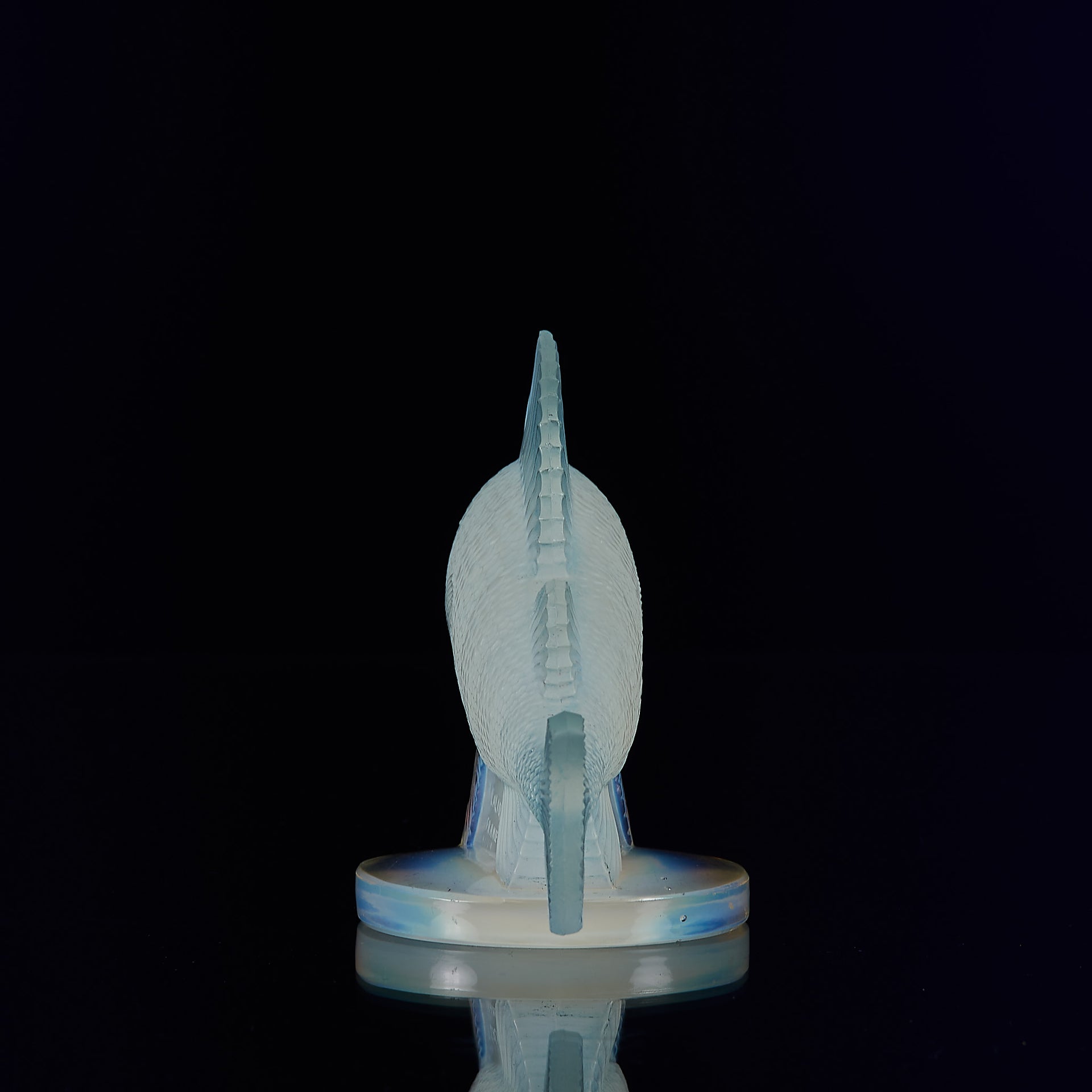 Perche Car Mascot by René Lalique a 20th Century Art Deco opalescent glass car mascot modelled as a swimming perch with excellent surface detail and deep sky blue colour