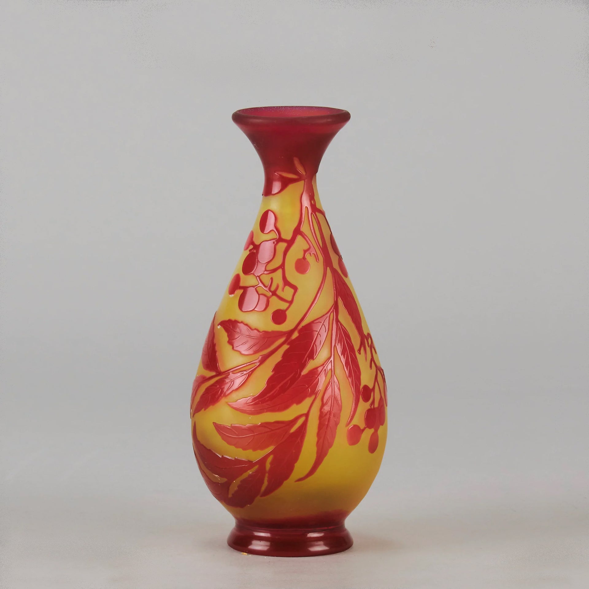Art Nouveau Glass Vase Red Floral Cabinet Vase by Émile Gallé A beautiful early 20th Century cameo glass vase acid cut and etched with a bright red floral decoration against a warm orange background