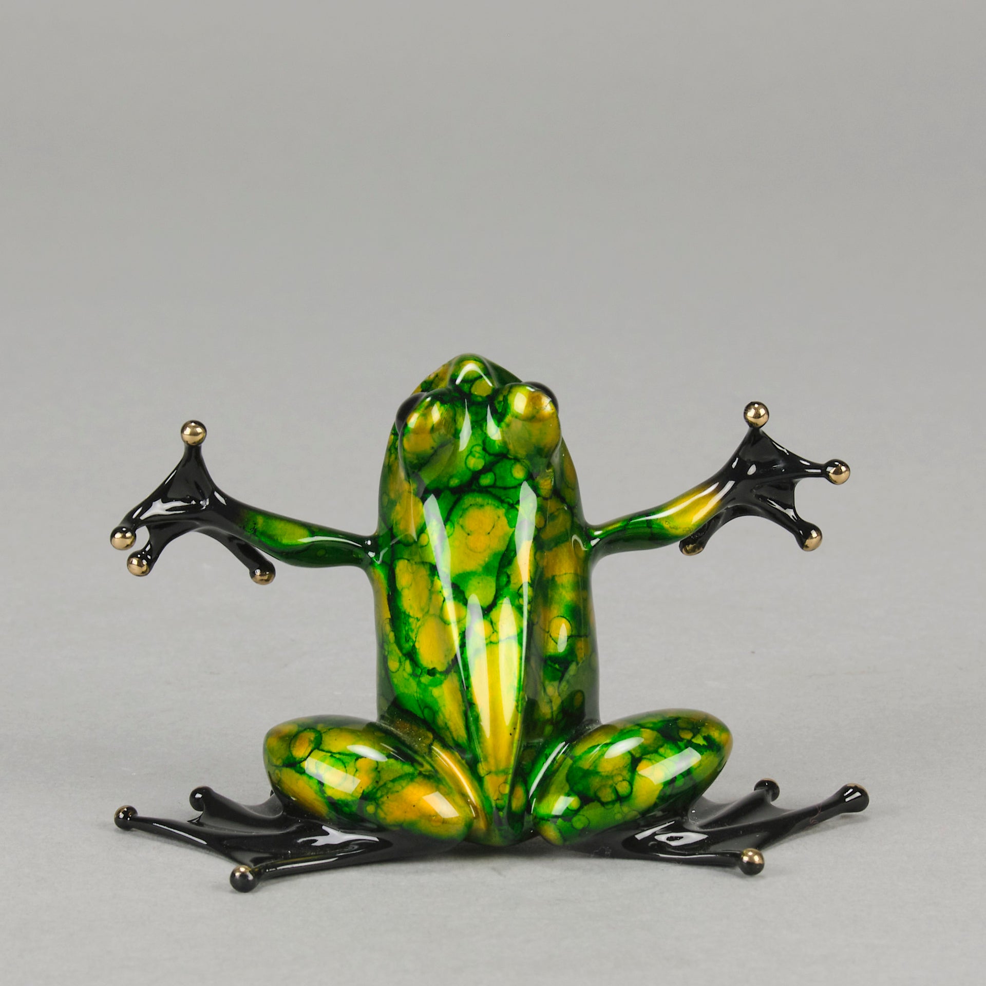 Tim Cotterill Hug - A vibrant limited edition bronze study of a frog balancing on its hind with its frog legs outstretched as if its welcoming a hug - Hickmet Fine Arts