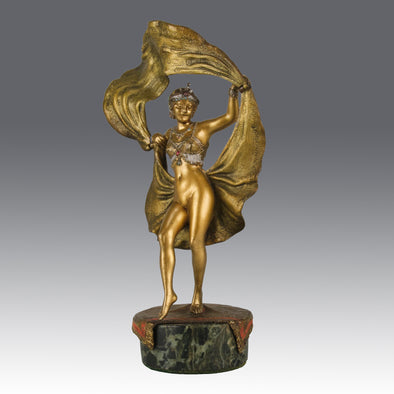 Windy Day by Franz Bergman a sensuous early 20th century erotic Austrian bronze figurine of a beautiful dancer dressed in an Oriental outfit, the skirt hinged to lift and reveal her naked bod