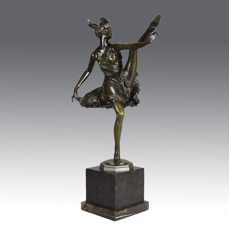 High Kick by Bruno Zach an Antique Bronze Figure of an energetic dancer with her leg raised high. The surface of the bronze with excellent deep rich colour and very fine hand finished detail, raised on a marble base  