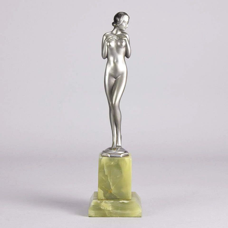Shy Maiden an Antique Bronze Figure by Josef Adolph depicting a naked beauty in a revealing pose with very fine colour and excellent detail, raised on an onyx base