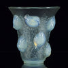 Saint Francois by Rene Lalique an impressive frosted glass vase with flared rim on tapering cylindrical body of opalescent glass, relief-decorated with birds, leaves, and vines with excellent colour